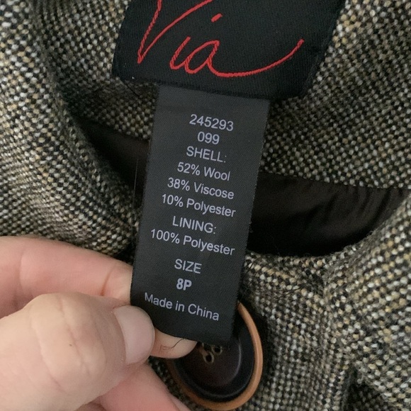 Via‎ button-up wool pea coat tan brown size S tie waist midi classic elegant - Picture 6 of 16